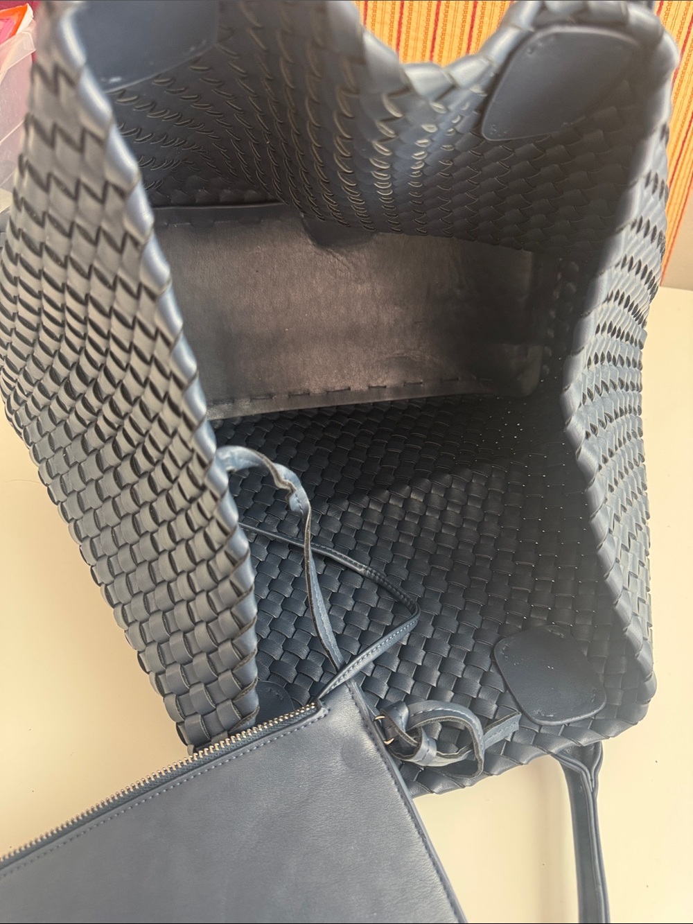 Woven Leather Tote Bag with Removable Pouch - Navy - Picture 2 of 4